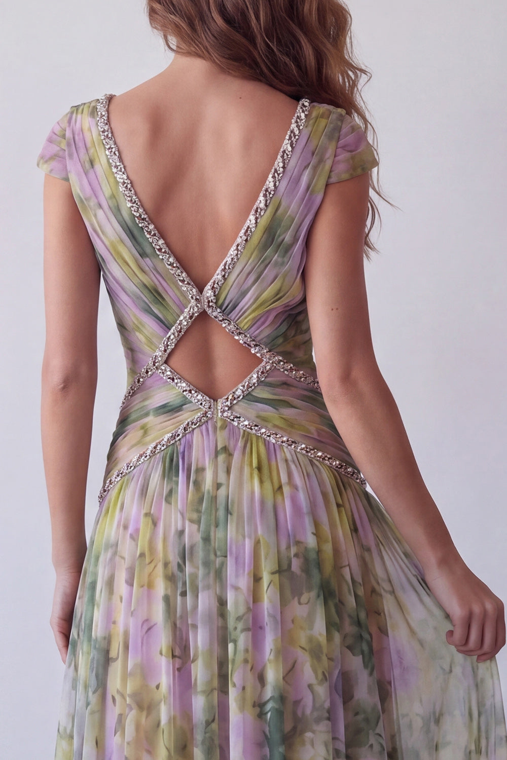 A Line V-Neck Dusty Sage Floral Ruched Long Formal Dress with Beading