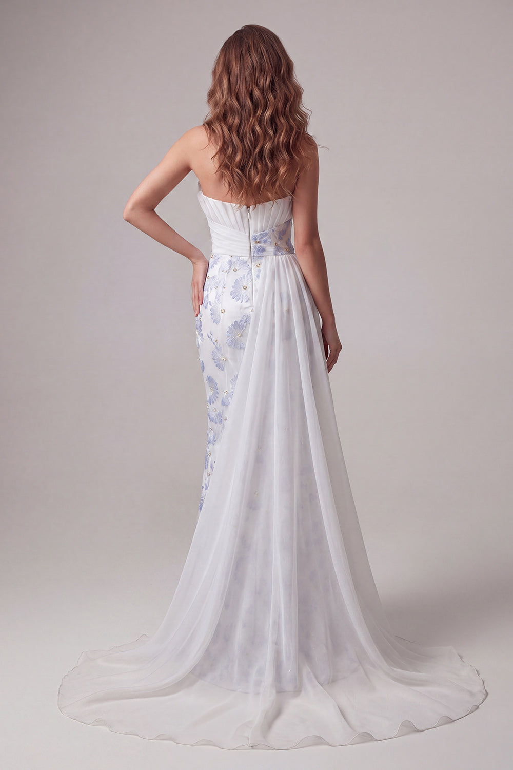 Light Blue Strapless Ruched Mermaid Floral Long Formal Dress with Side Cape