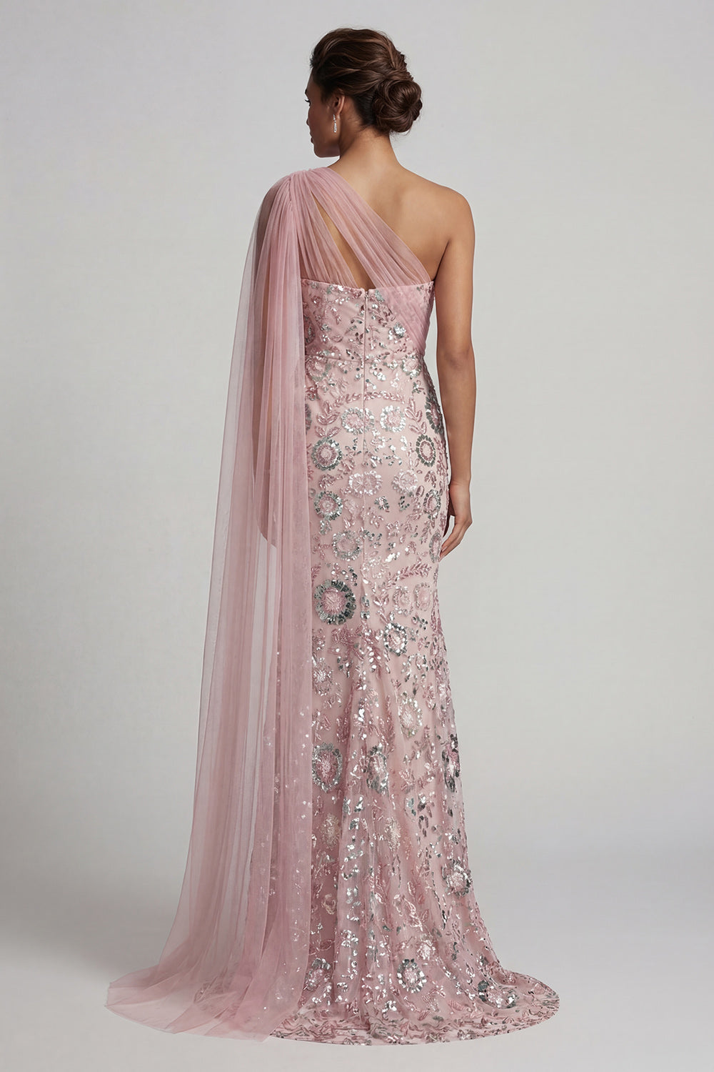 Sparkly Pink Mermaid Long Beaded Mother of the Bride Dress with Side Cape