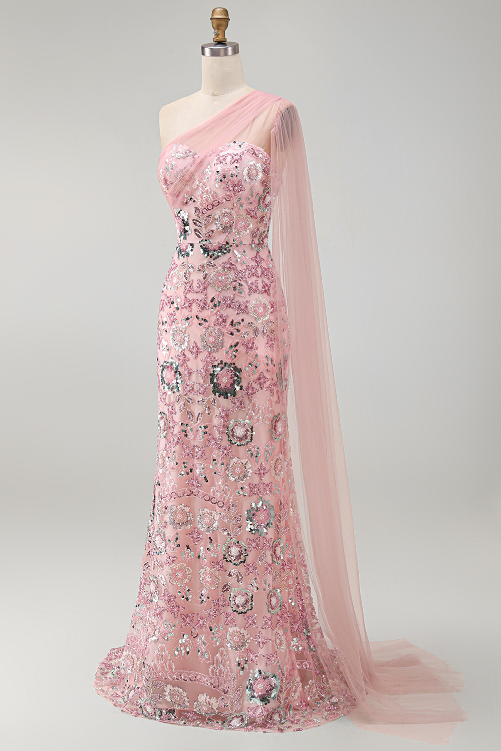 Beaded Sparkly Pink Mermaid Long Mother of the Bride Dress with Side Cape