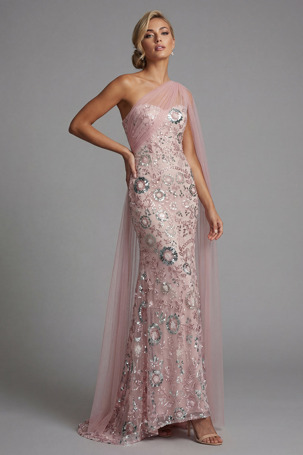 Hellymoon Women Sparkly Pink Beaded Long Mother of the Bride Dress with Side Cape Mermaid One Shoulder Evening Dress