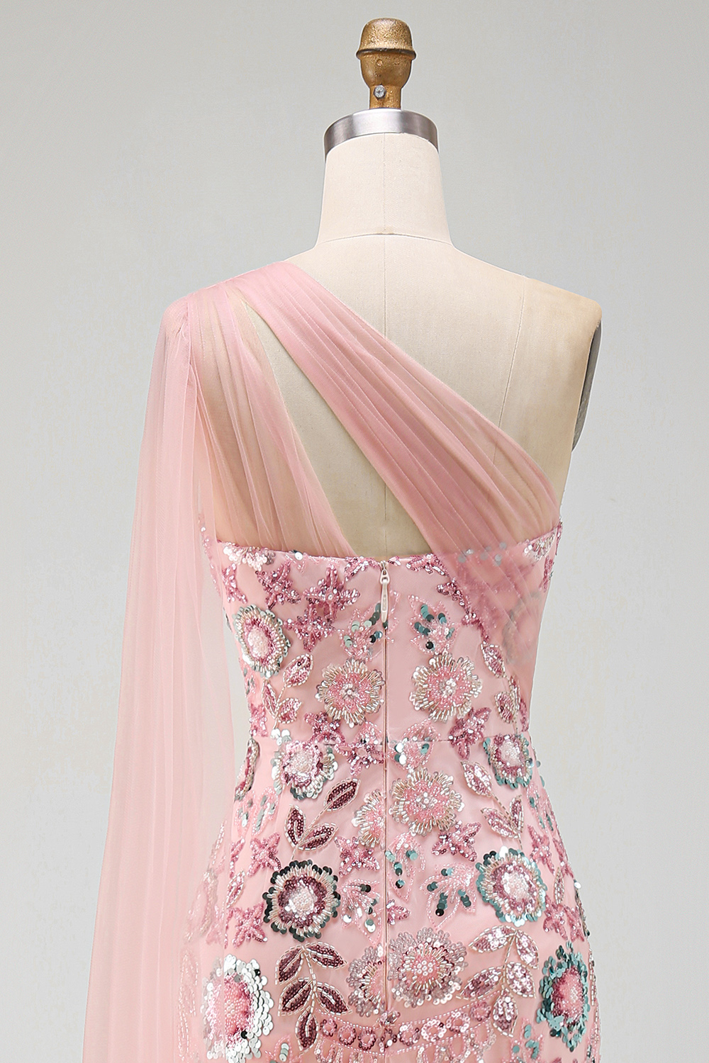 Beaded Sparkly Pink Mermaid Long Mother of the Bride Dress with Side Cape