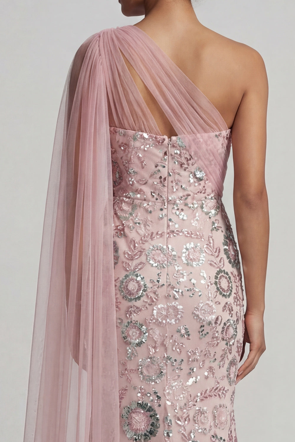 Sparkly Pink Mermaid Long Beaded Mother of the Bride Dress with Side Cape