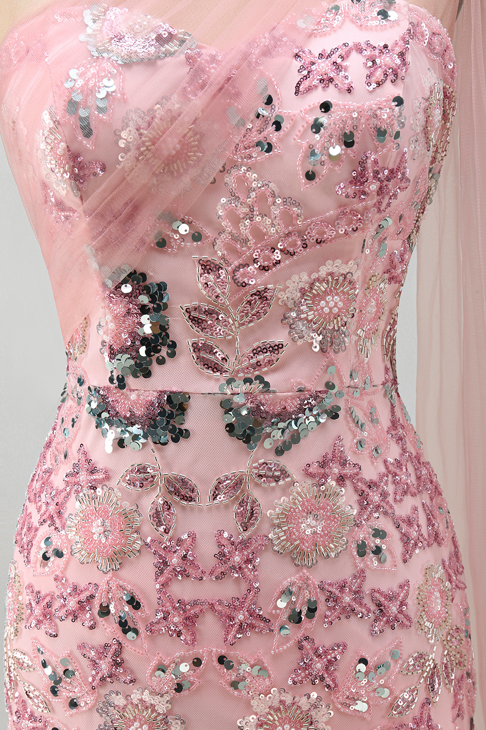 Beaded Sparkly Pink Mermaid Long Mother of the Bride Dress with Side Cape