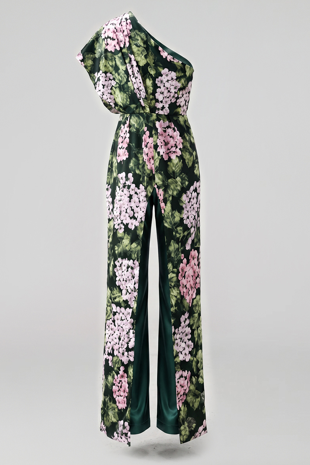 One Shoulder Dark Green Floral Long Mother of the Bride Pantsuits with Pockets