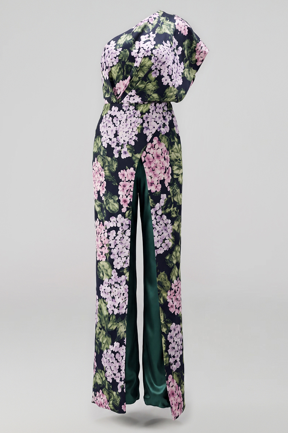 One Shoulder Dark Green Floral Long Mother of the Bride Pantsuits with Pockets