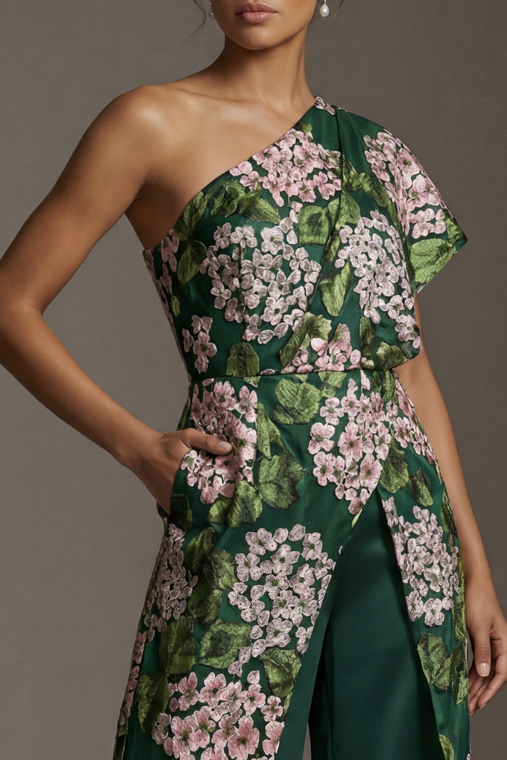 One Shoulder Dark Green Floral Long Mother of the Bride Pantsuits with Pockets