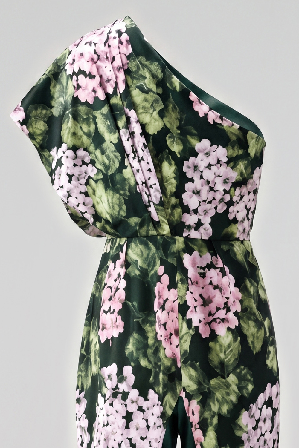One Shoulder Dark Green Floral Long Mother of the Bride Pantsuits with Pockets