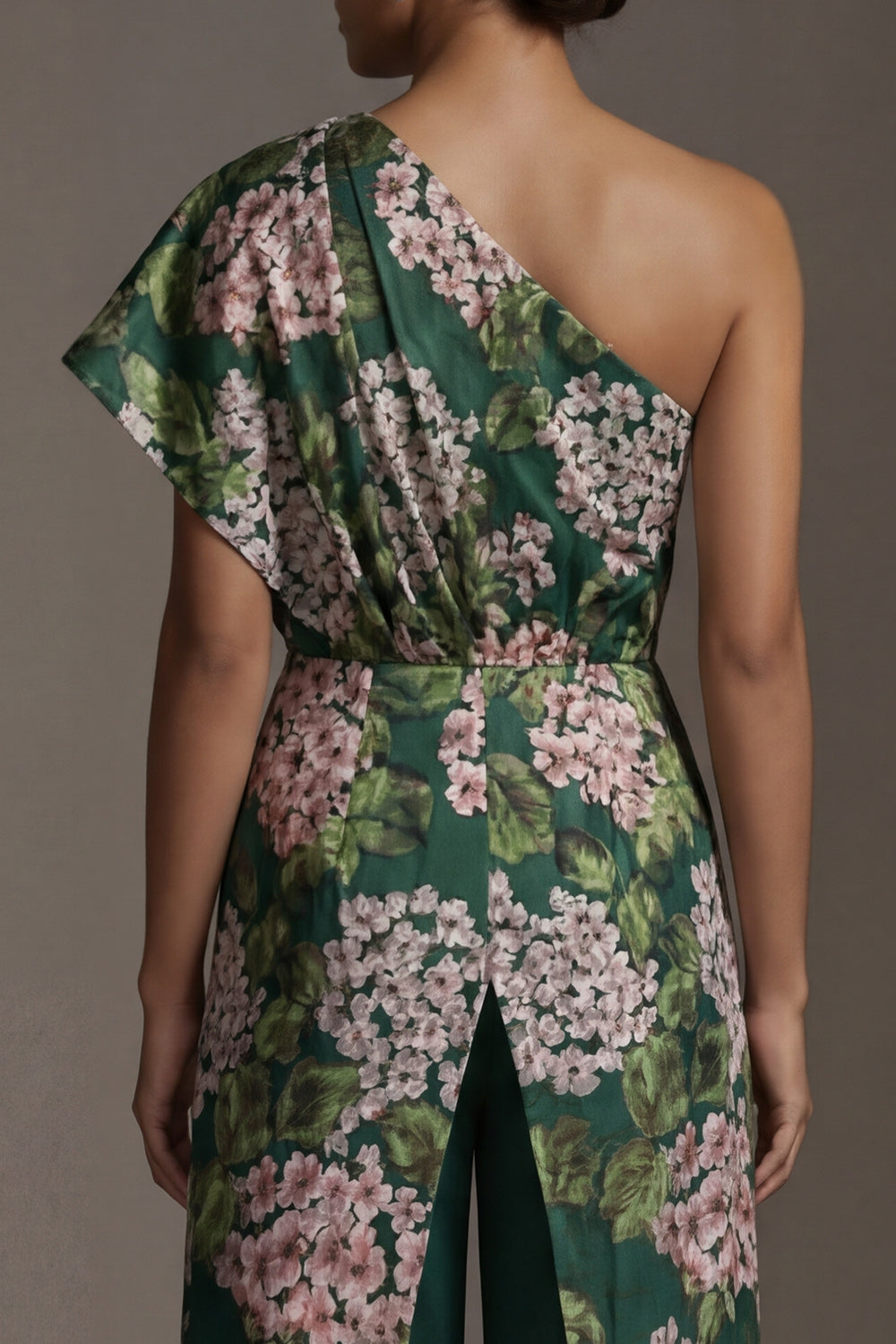 One Shoulder Dark Green Floral Long Mother of the Bride Pantsuits with Pockets