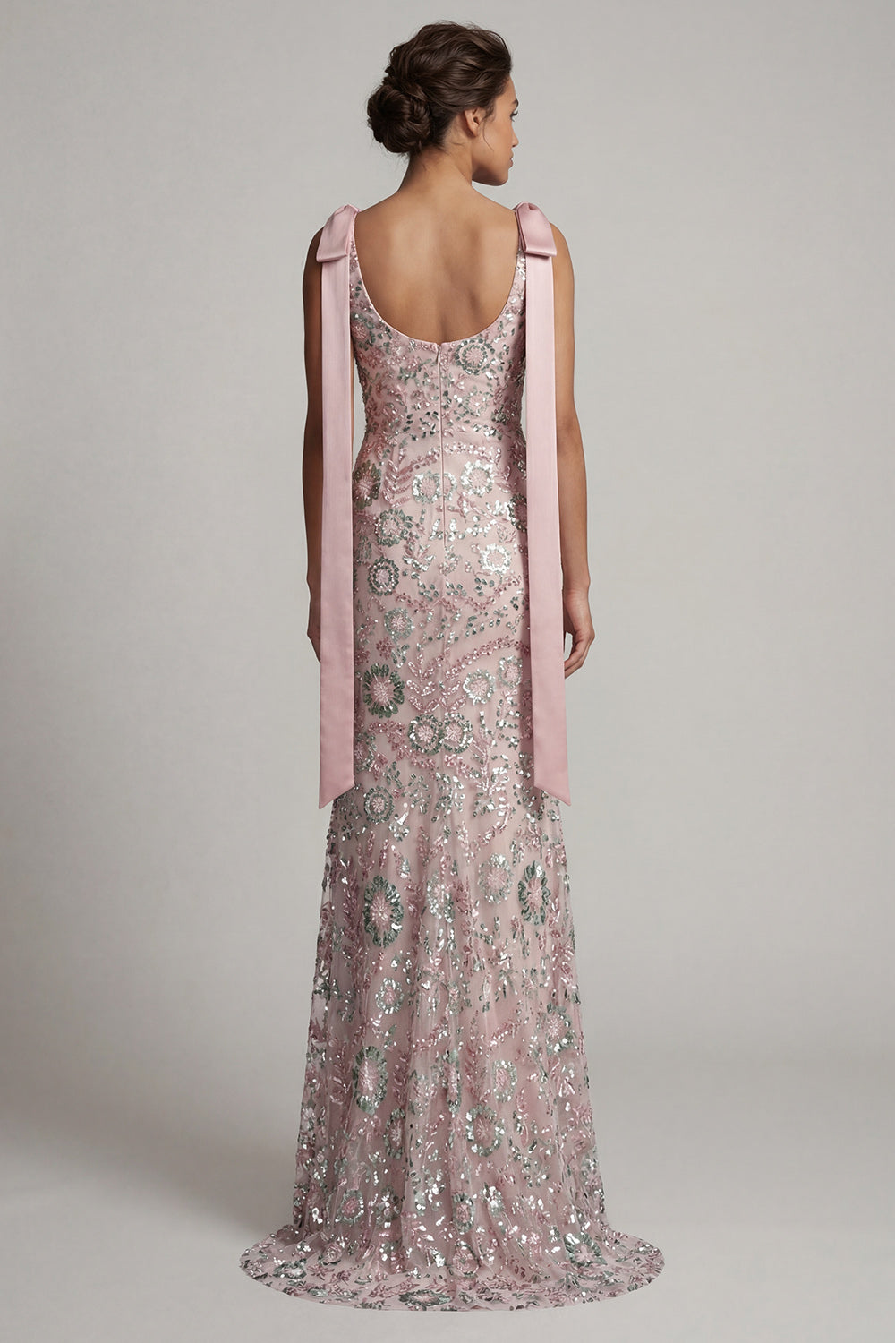 Sparkly Pink Long Beaded Boat Neck Mermaid Mother of the Bride Dress with Bows