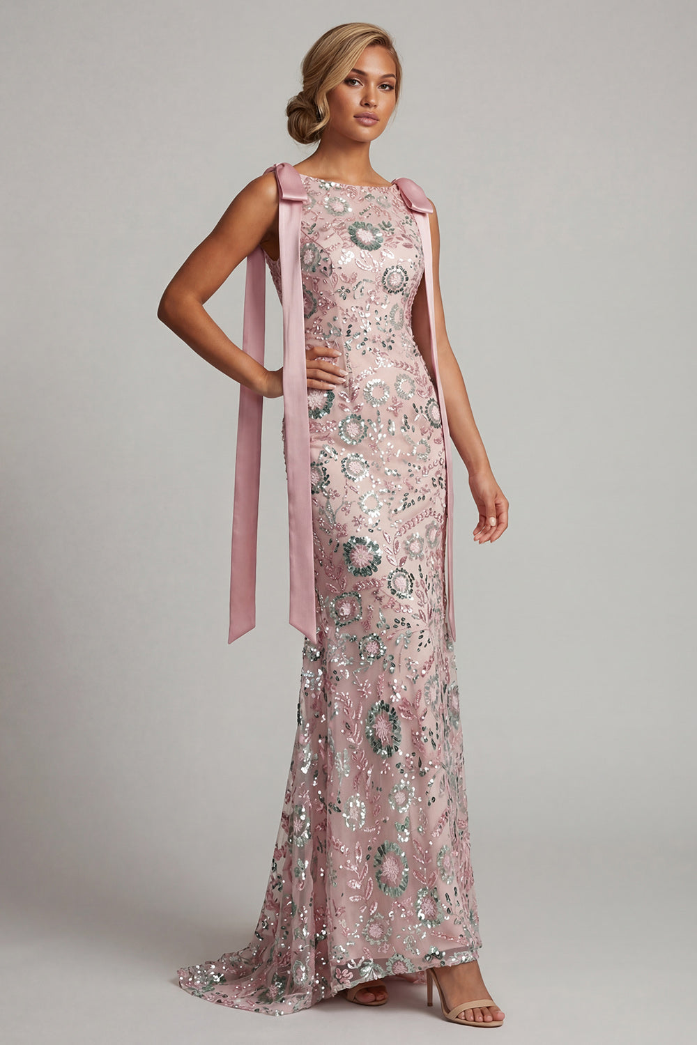 Sparkly Pink Long Beaded Boat Neck Mermaid Mother of the Bride Dress with Bows