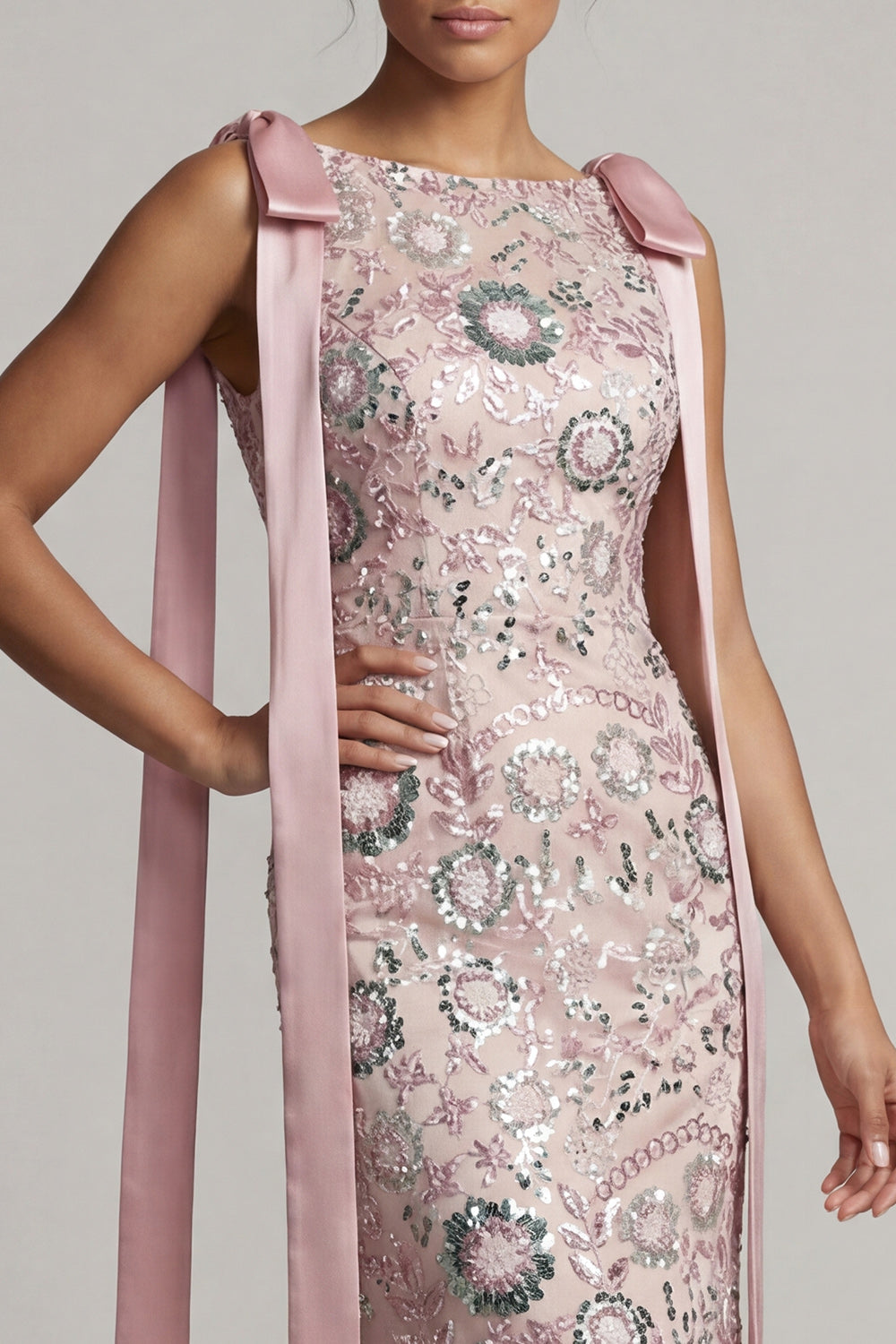 Sparkly Pink Long Beaded Boat Neck Mermaid Mother of the Bride Dress with Bows