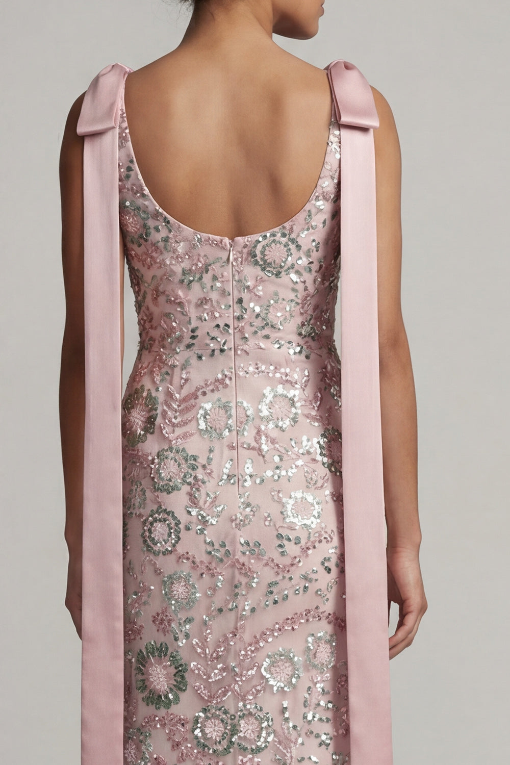 Sparkly Pink Long Beaded Boat Neck Mermaid Mother of the Bride Dress with Bows