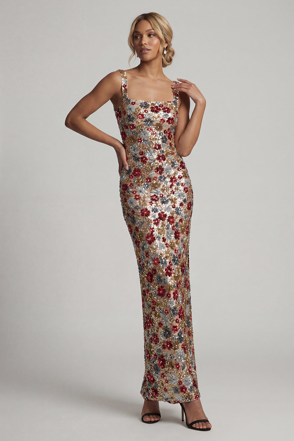 Sparkly Red Square Neck Floral Mermaid Sequin Long Mother of the Bride Dress