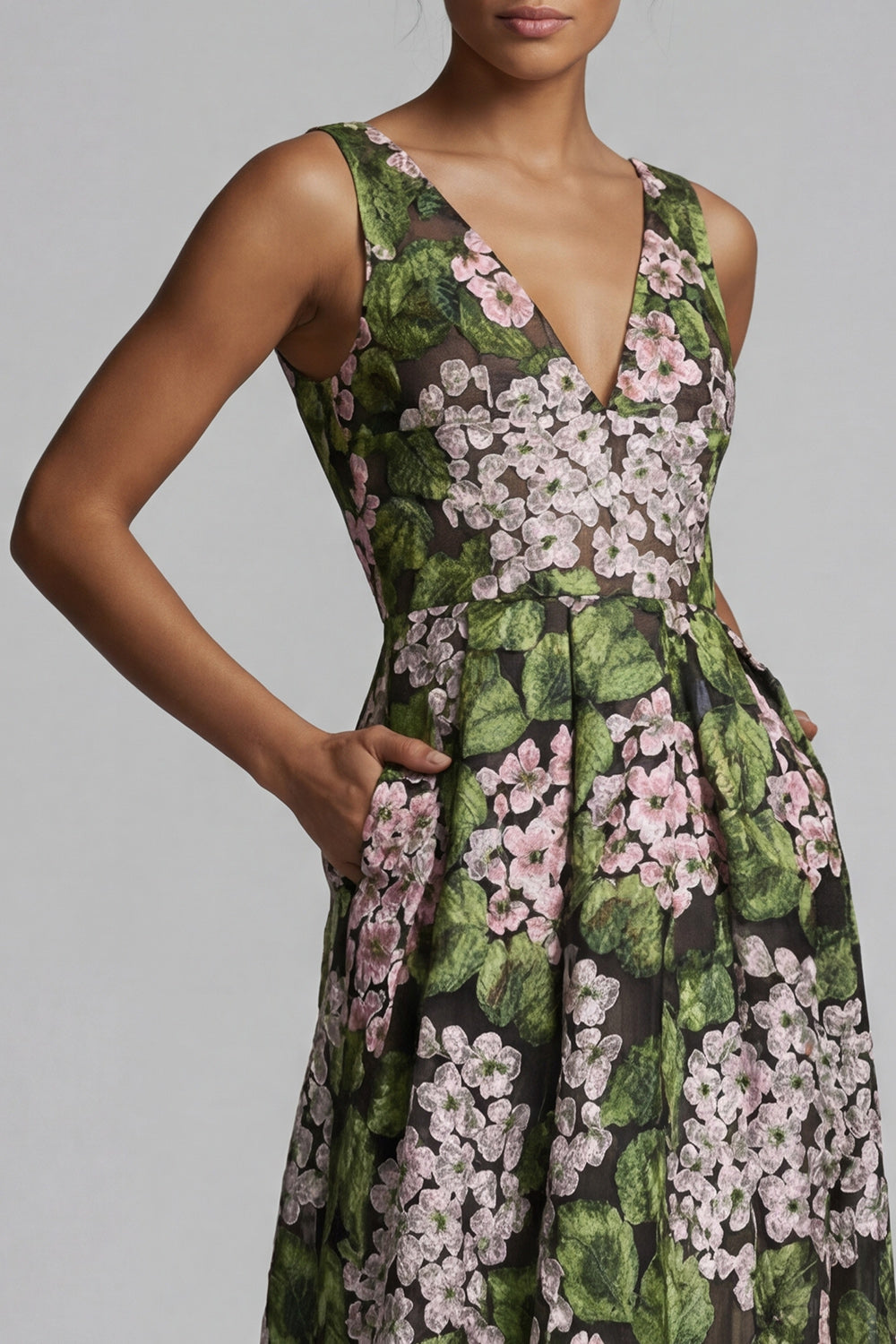 V-Neck Dark Green Floral Long A Line Mother of the Bride Dress with Pockets