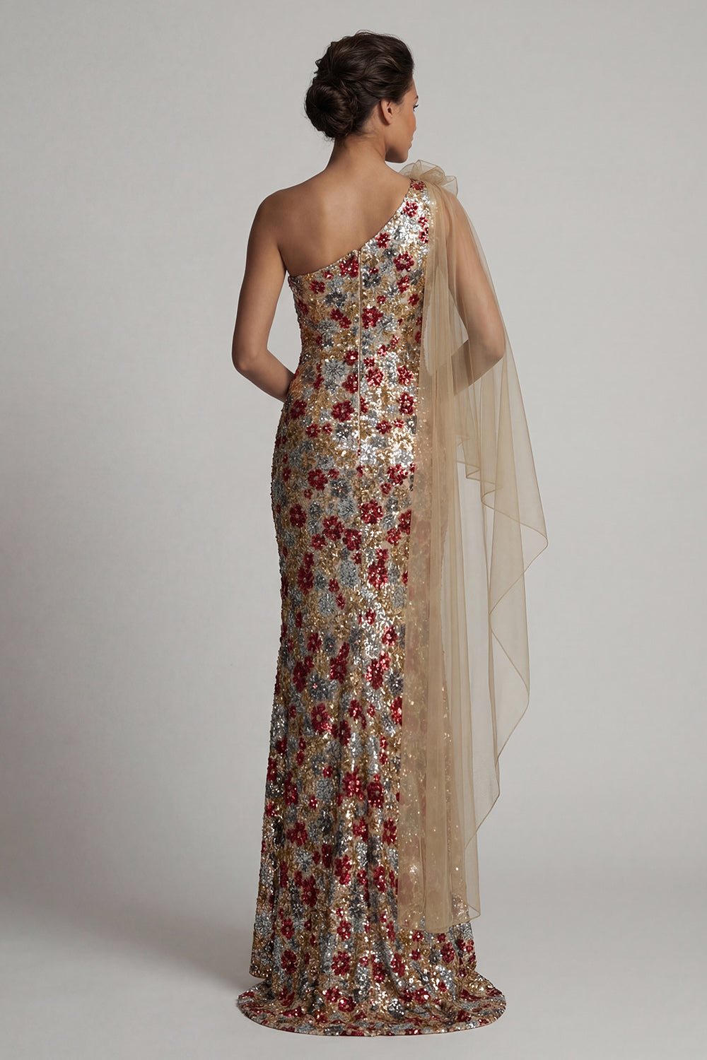 Sparkly Red Floral Mermaid Ruffled Sequin Long Mother of the Bride Dress with Side Cape