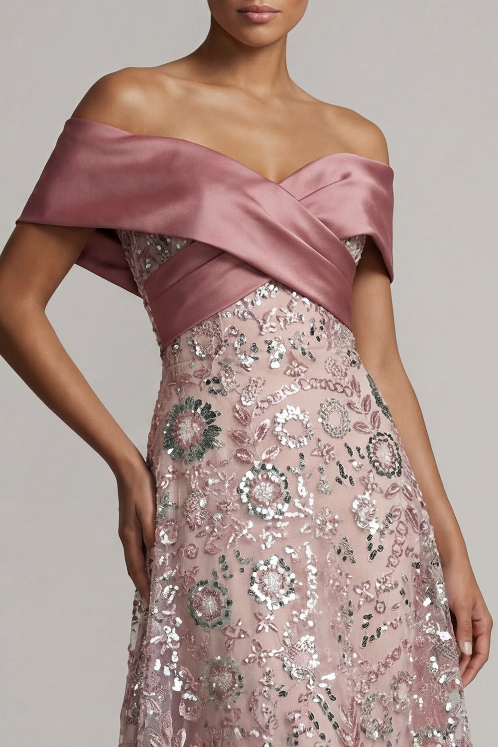 Off the Shoulder A Line Long Beaded Sparkly Pink Mother of the Bride Dress