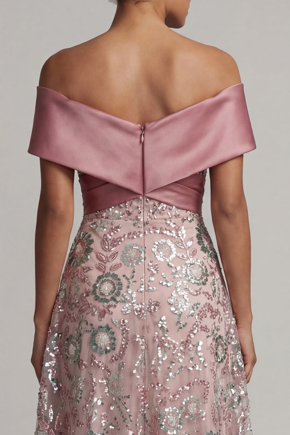 Off the Shoulder A Line Long Beaded Sparkly Pink Mother of the Bride Dress