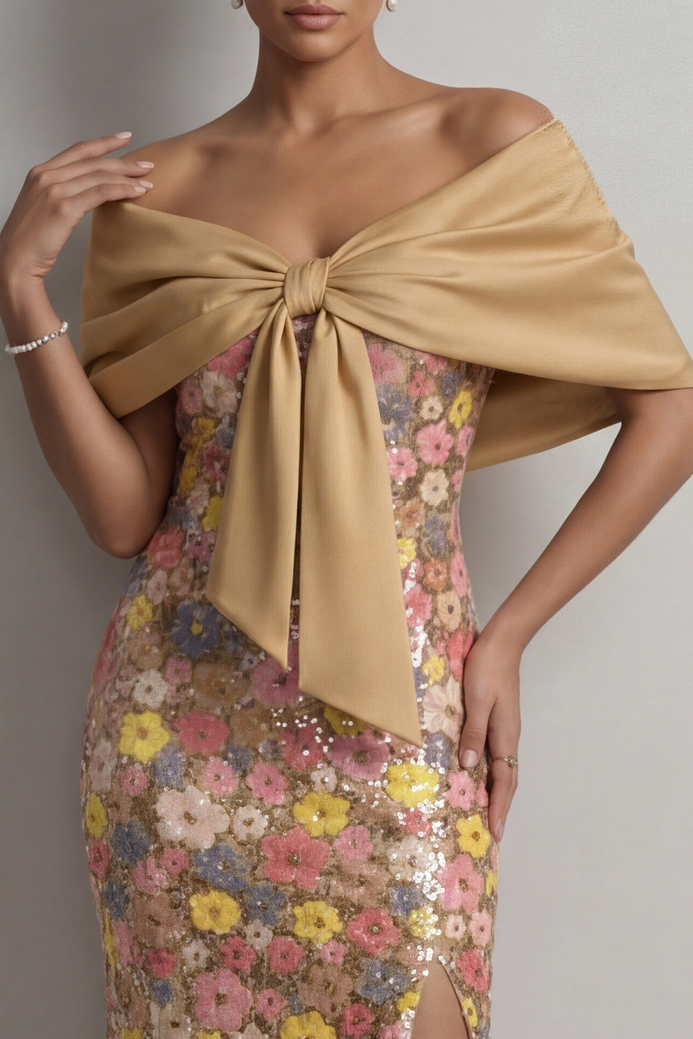 Yellow Floral Mermaid Sparkly Long Mother of the Bride Dress with Slit