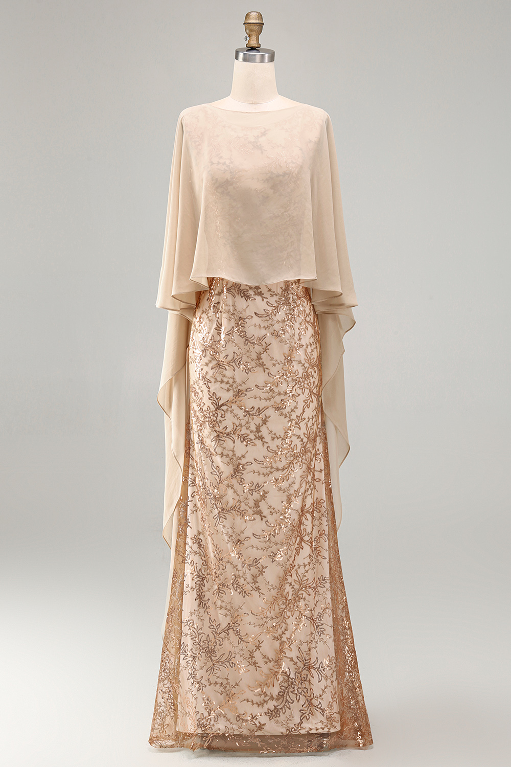 Mermaid Floral Long Sparkly Champagne Beaded Mother of the Bride Dress with Cape