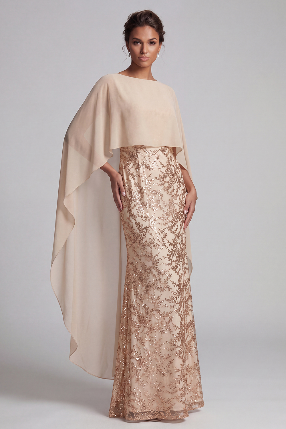 Mermaid Floral Long Sparkly Champagne Beaded Mother of the Bride Dress with Cape