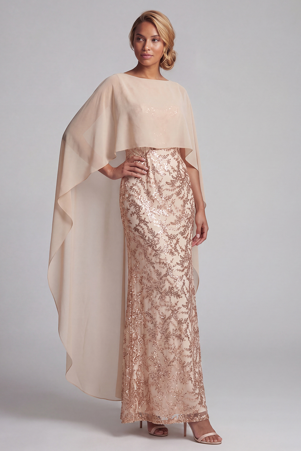 Mermaid Floral Long Sparkly Champagne Beaded Mother of the Bride Dress with Cape