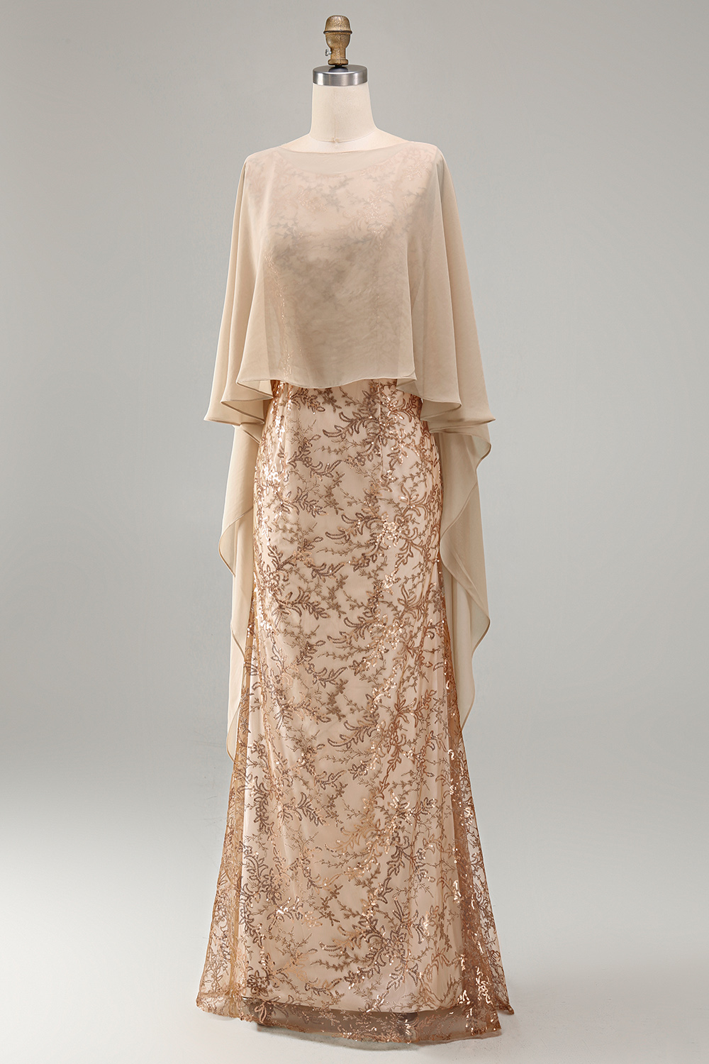 Mermaid Floral Long Sparkly Champagne Beaded Mother of the Bride Dress with Cape