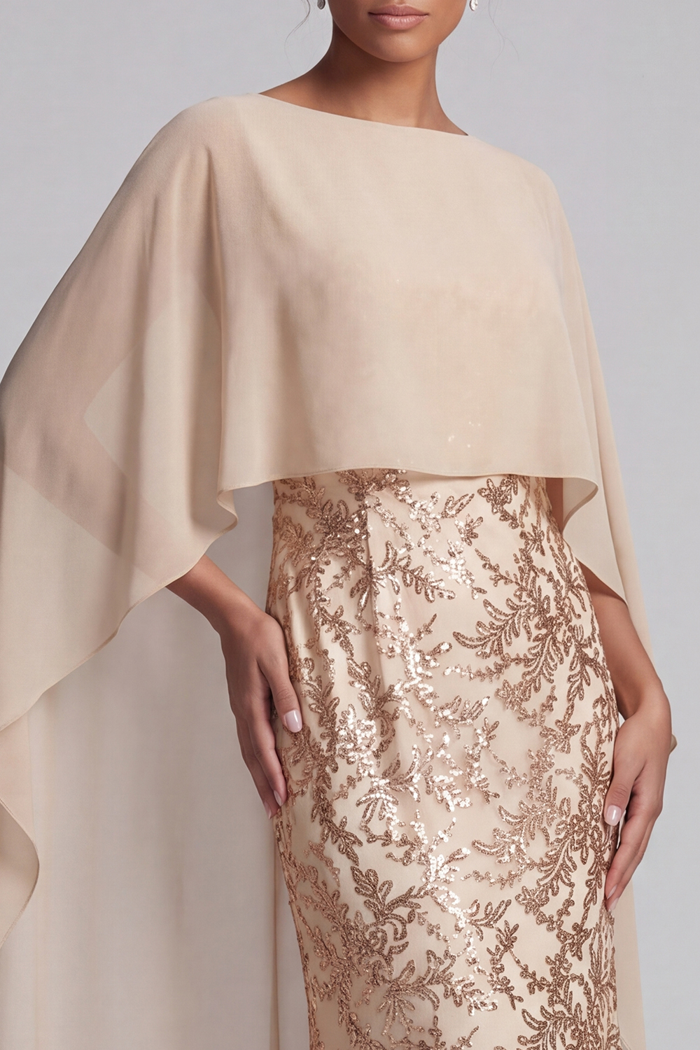 Mermaid Floral Long Sparkly Champagne Beaded Mother of the Bride Dress with Cape