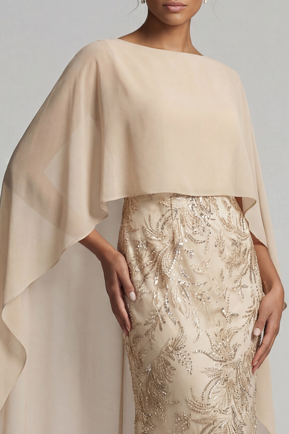 Mermaid Floral Long Sparkly Champagne Beaded Mother of the Bride Dress with Cape