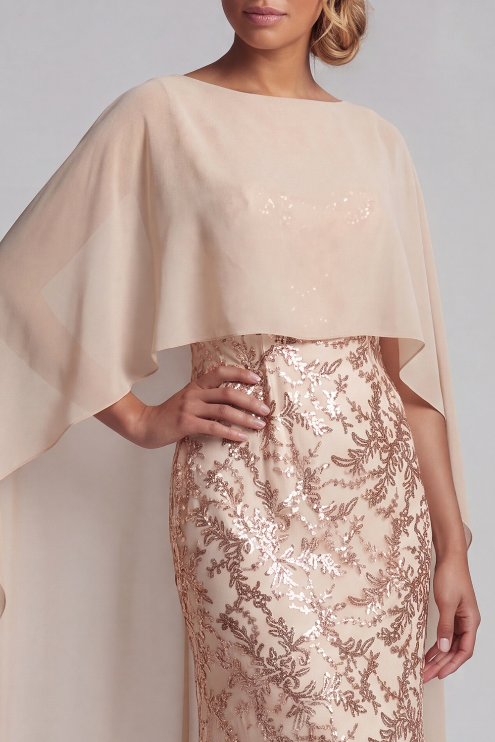 Mermaid Floral Long Sparkly Champagne Beaded Mother of the Bride Dress with Cape