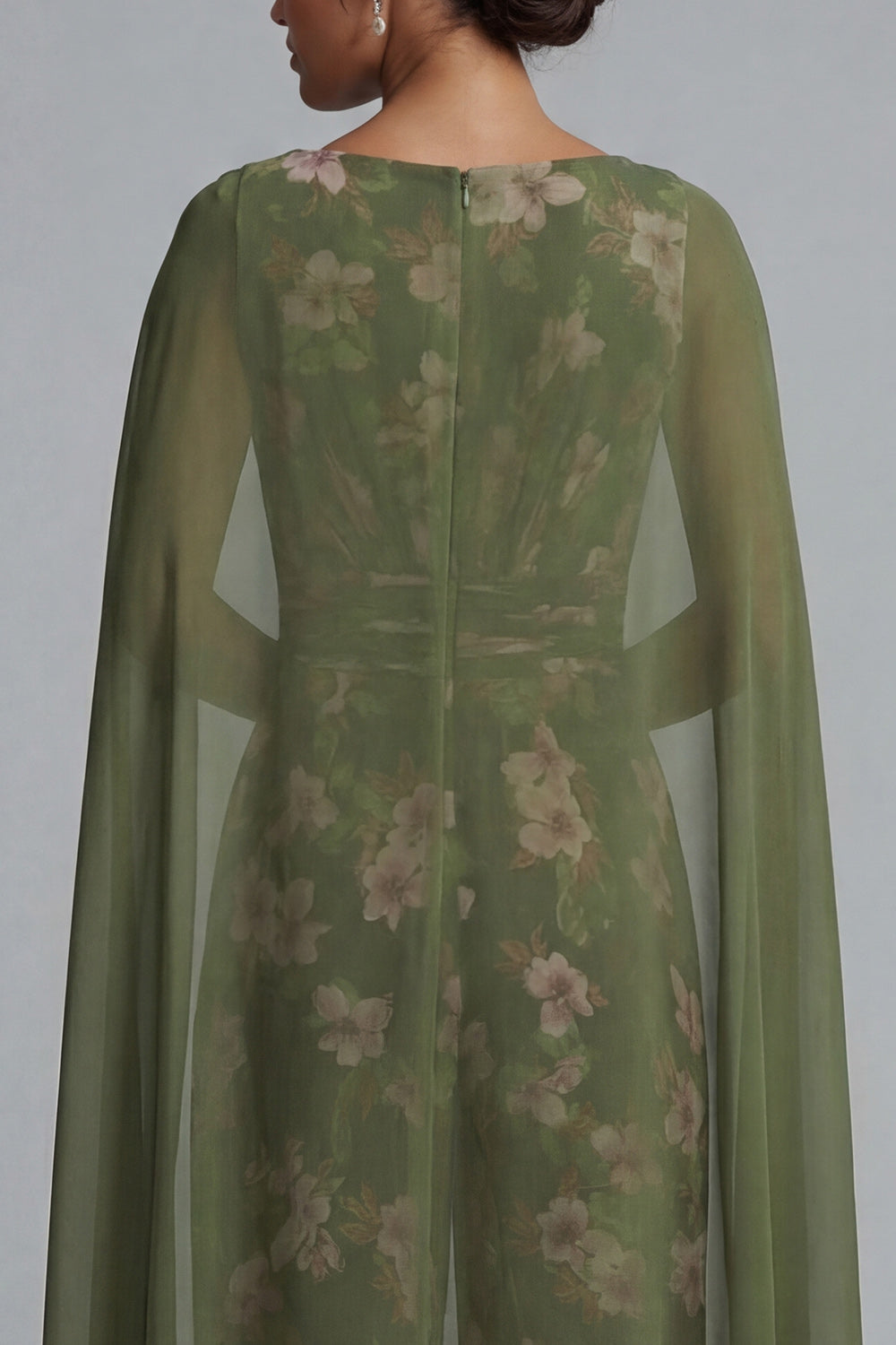 V-Neck Eucalyptus Ruched Floral Mother of the Bride Jumpsuits with Pockets