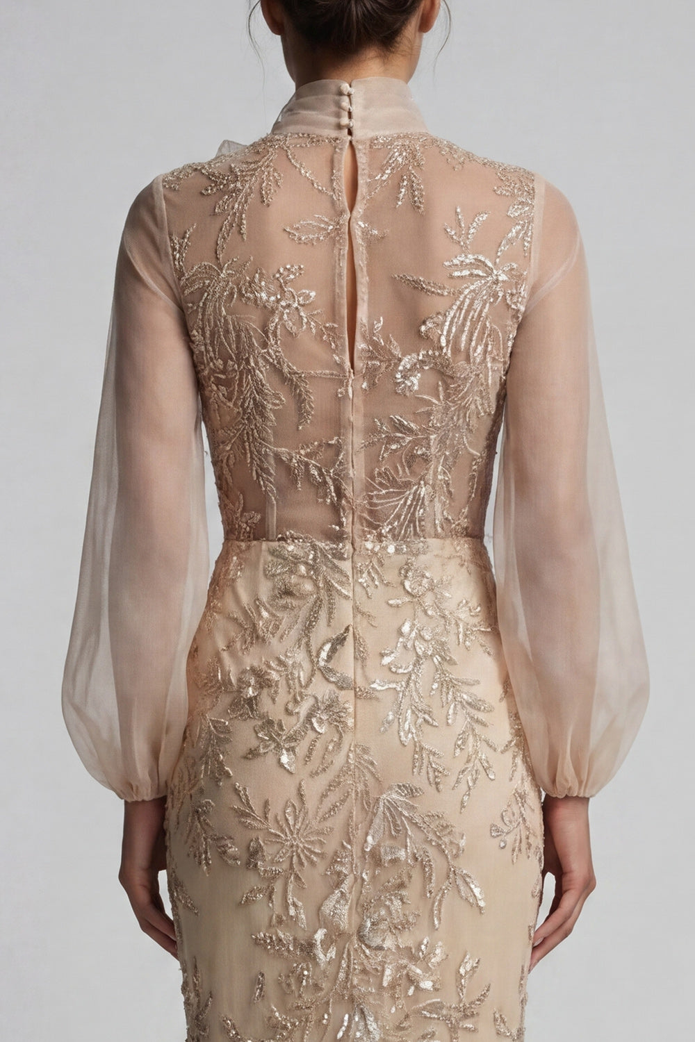 Sparkly Champagne Long Beaded Floral Mermaid Mother of the Bride Dress with Bow