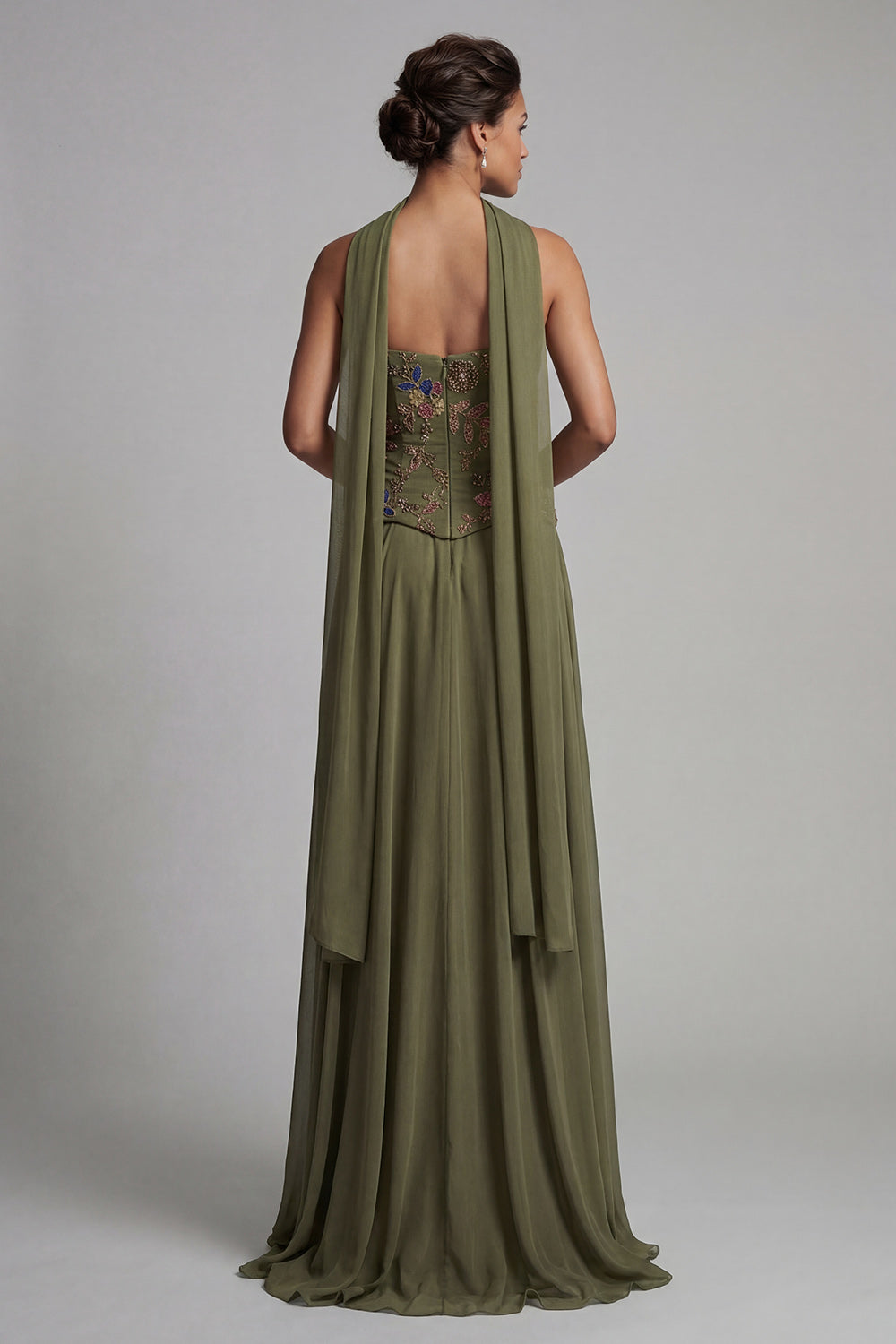 Olive Floral Basque Wasit Strapless A Line Long Mother of the Bride Dress with Beading阿