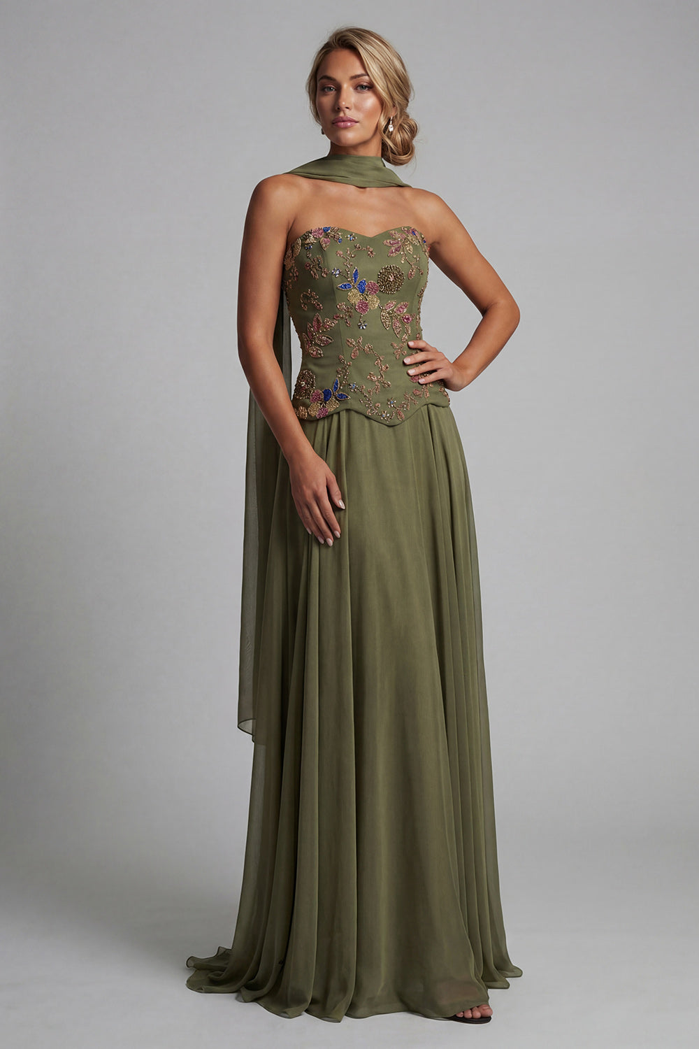 Olive Floral Basque Wasit Strapless A Line Long Mother of the Bride Dress with Beading阿