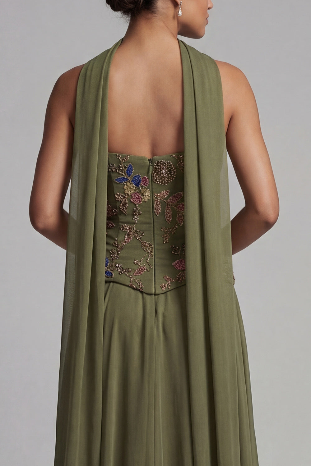 Olive Floral Basque Wasit Strapless A Line Long Mother of the Bride Dress with Beading阿