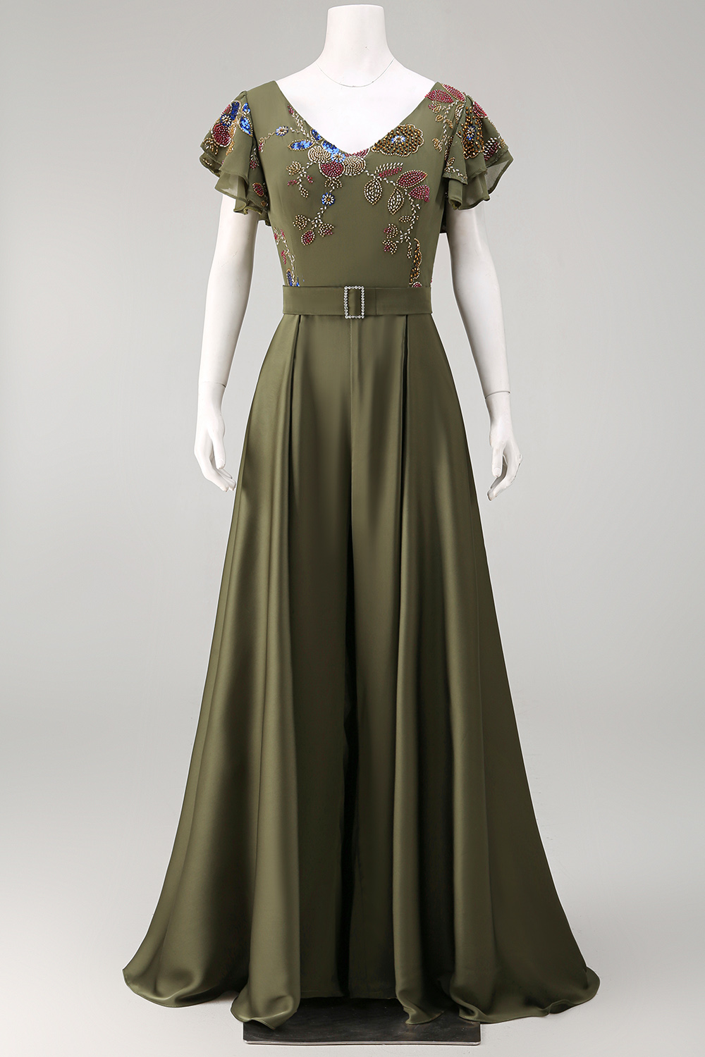 Floral Beaded Ruffled V-Neck Olive Mother of the Bride Jumpsuits with Cape