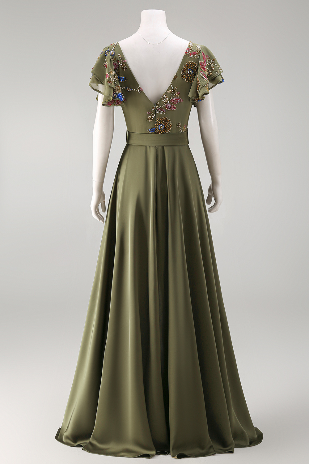 Floral Beaded Ruffled V-Neck Olive Mother of the Bride Jumpsuits with Cape