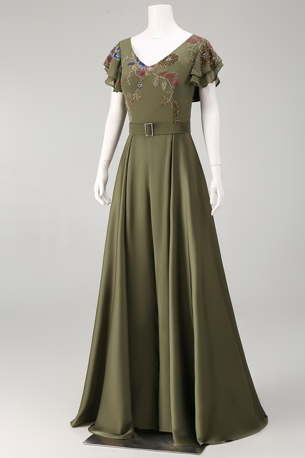 Floral Beaded Ruffled V-Neck Olive Mother of the Bride Jumpsuits with Cape