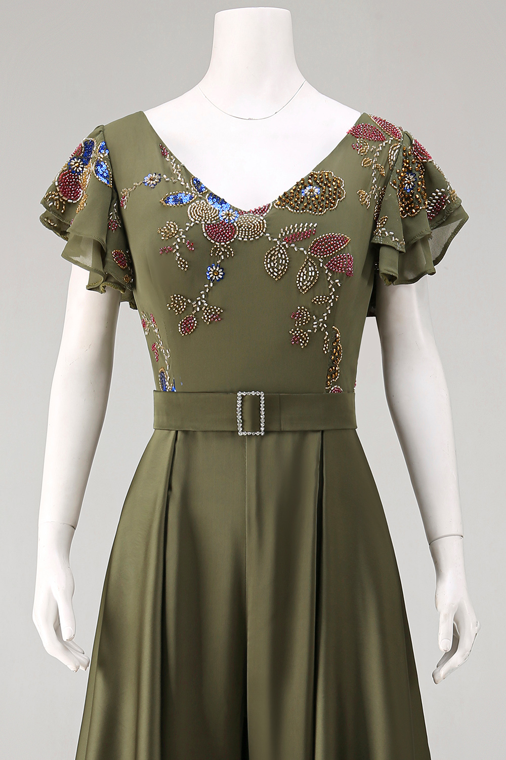 Floral Beaded Ruffled V-Neck Olive Mother of the Bride Jumpsuits with Cape
