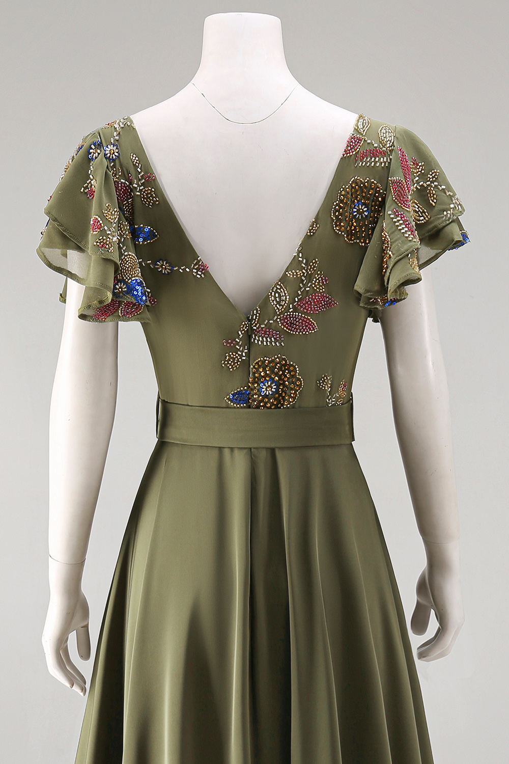 Floral Beaded Ruffled V-Neck Olive Mother of the Bride Jumpsuits with Cape