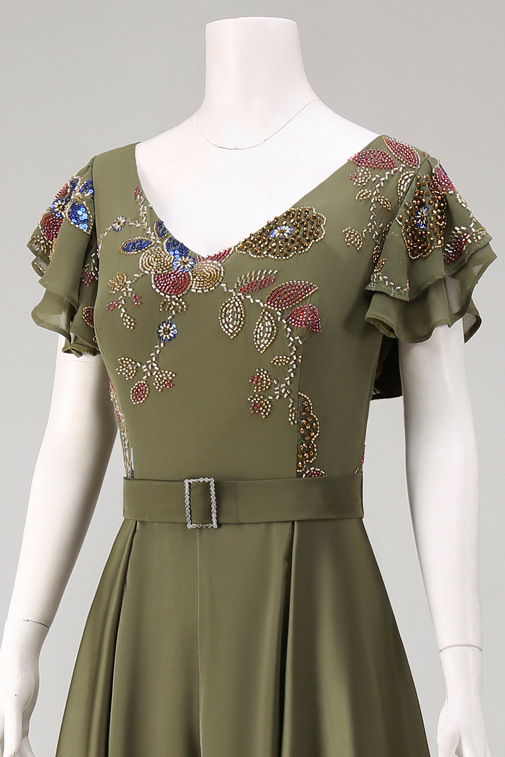 Floral Beaded Ruffled V-Neck Olive Mother of the Bride Jumpsuits with Cape
