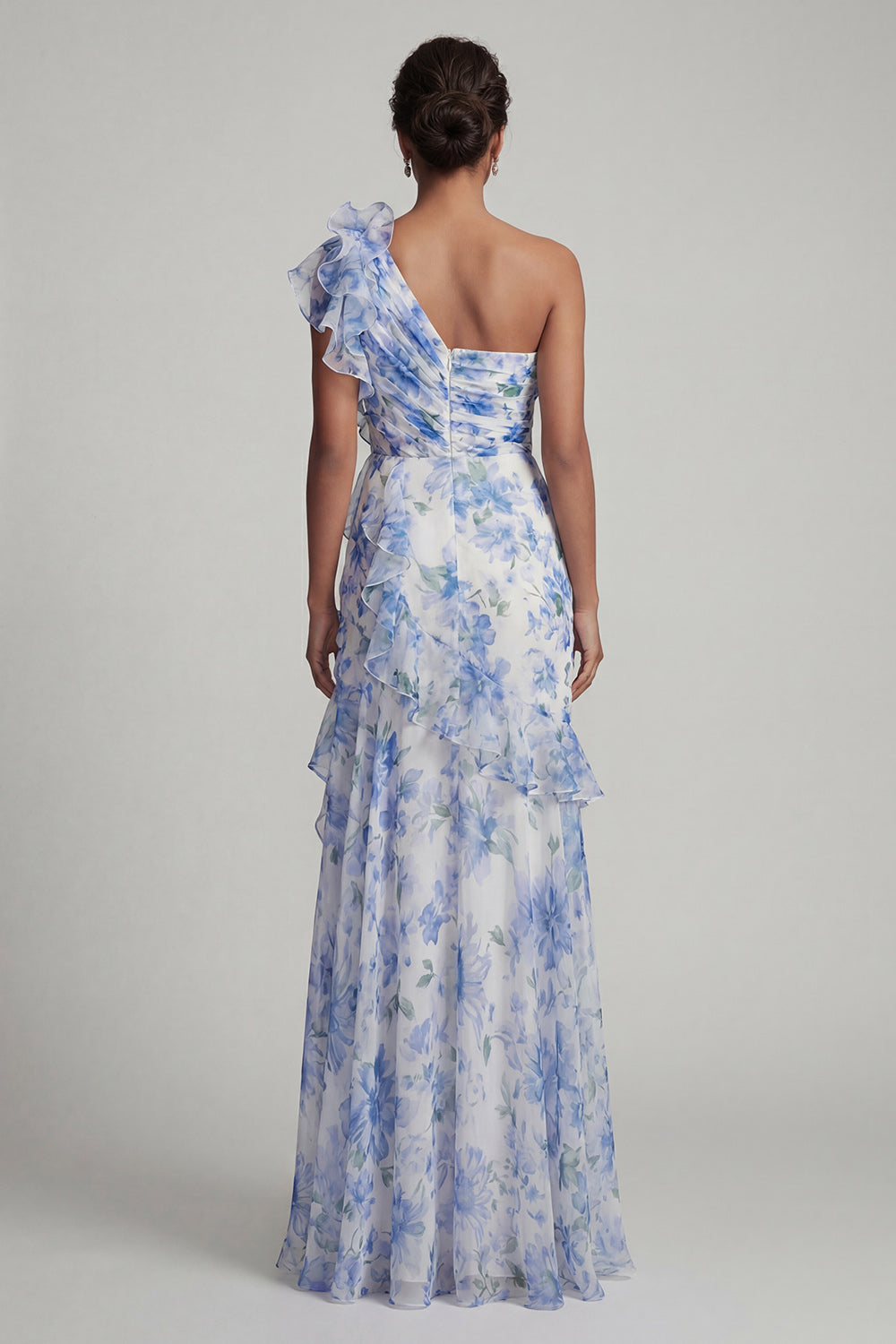 Light Blue Floral Ruffled Sheath Long Ruched Formal Dress with Slit