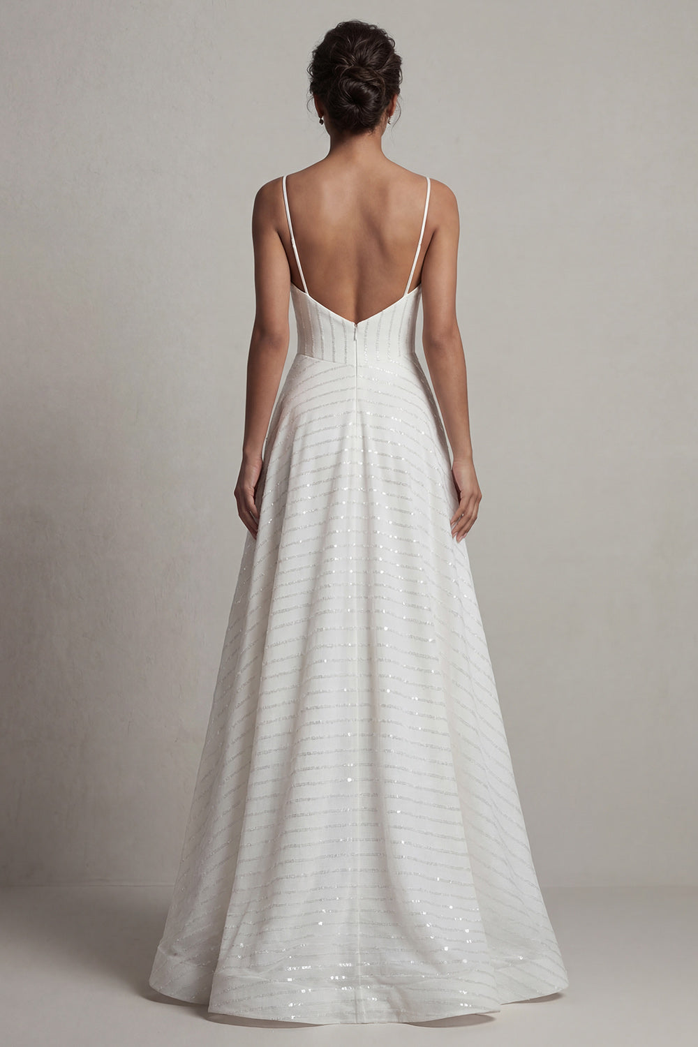 Corset Spaghetti Straps Sparkly White Basque Waist Long Beaded Formal Dress