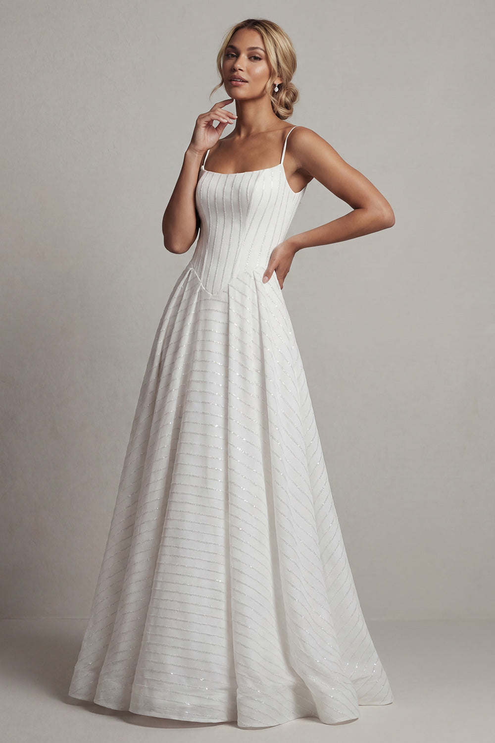 Corset Spaghetti Straps Sparkly White Basque Waist Long Beaded Formal Dress