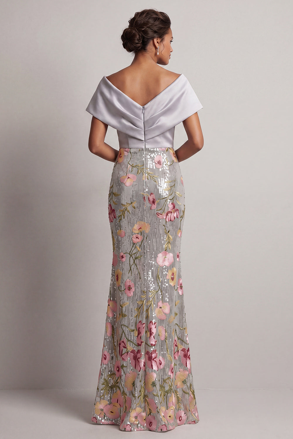 Sparkly Silver V-Neck Sequin Floral Long Mermaid Mother of the Bride Dress