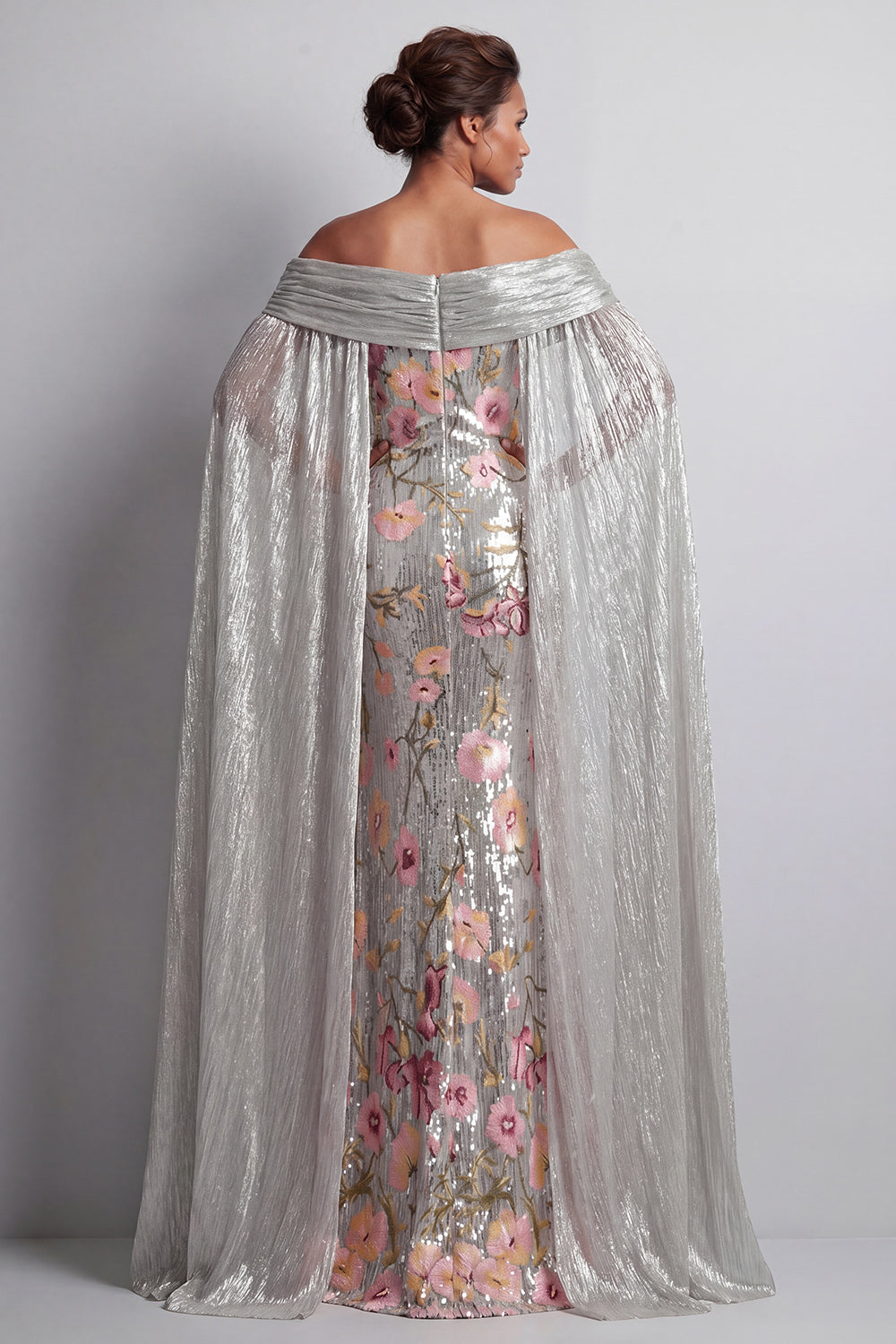 Sparkly Silver Floral Long Sequin Mermaid Mother of the Bride Dress with Cape