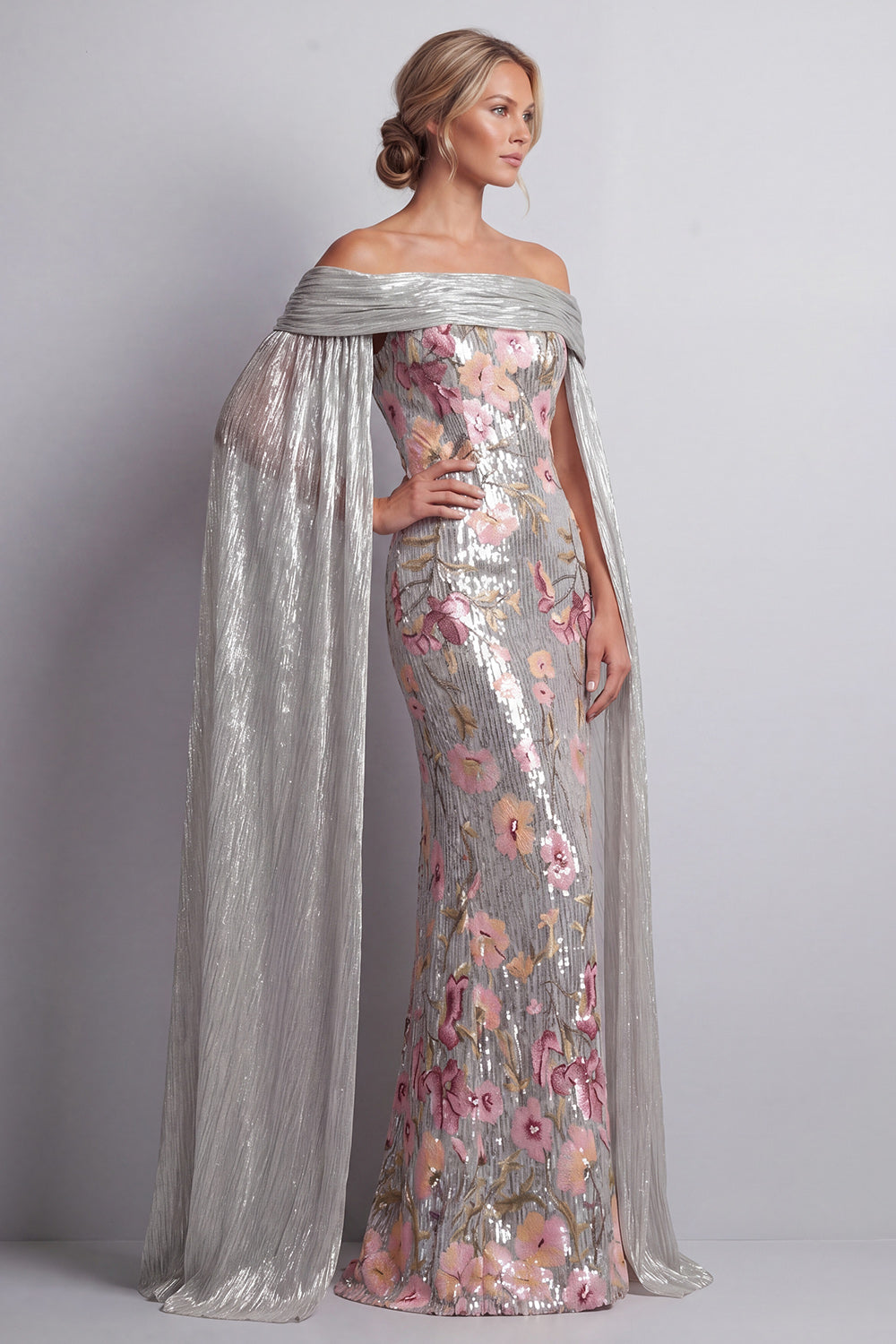 Sparkly Silver Floral Long Sequin Mermaid Mother of the Bride Dress with Cape