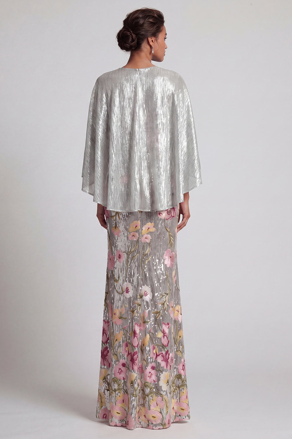 Sparkly Silver Long Mermaid Sequin Floral Mother of the Bride Dress with Cape