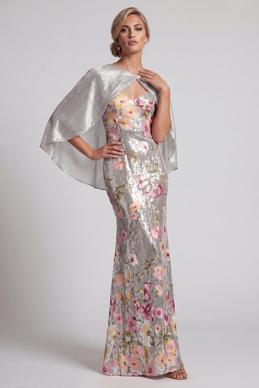 Sparkly Silver Long Mermaid Sequin Floral Mother of the Bride Dress with Cape