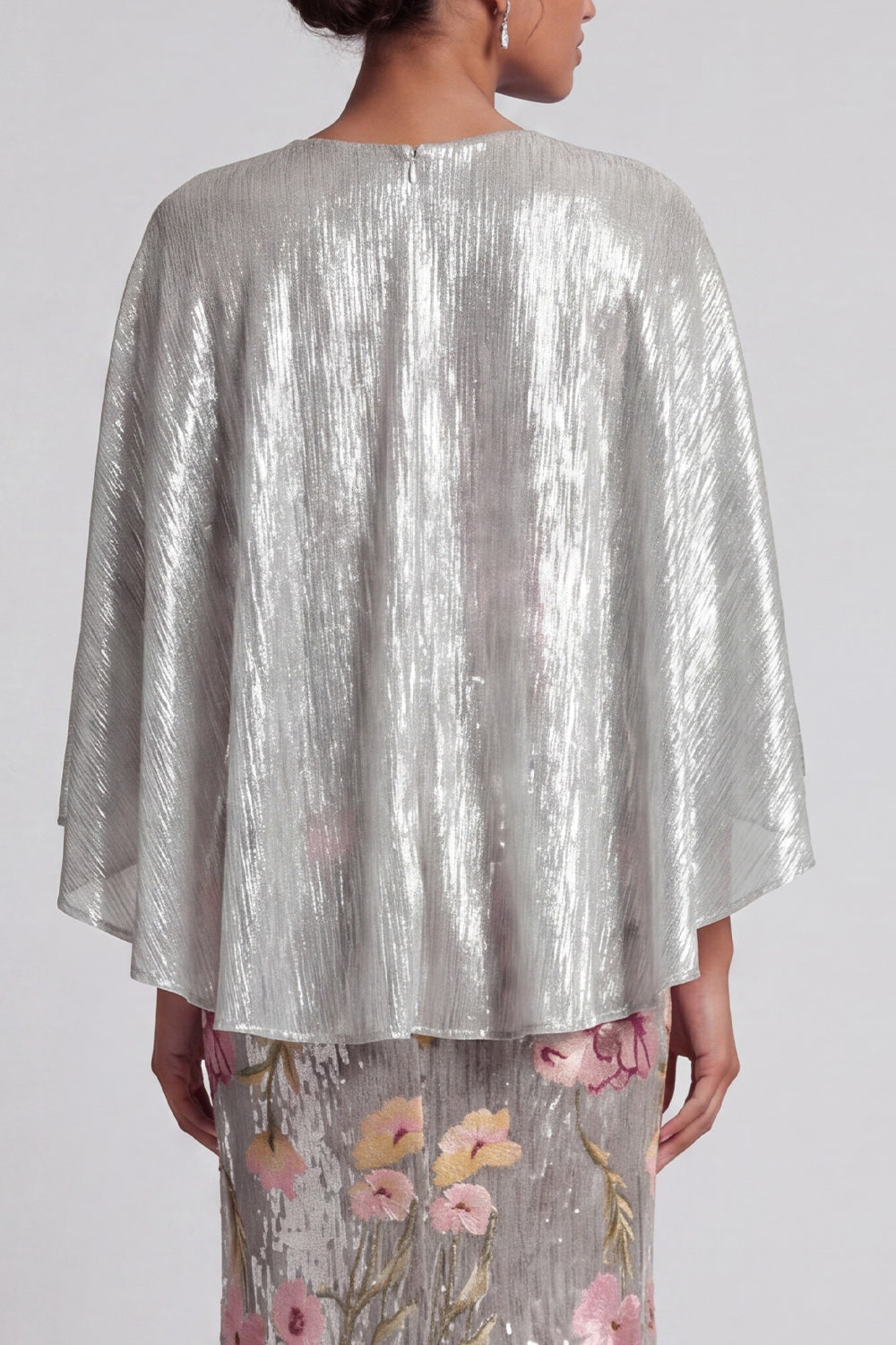 Sparkly Silver Long Mermaid Sequin Floral Mother of the Bride Dress with Cape
